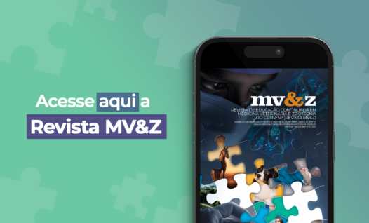 Imagem com fundo em tons de verde com peças de quebra-cabeça. Na parte de cima o texto: "Acesse aqui a Revista MV&Z". Abaixo do texto a imagem de um celular com a capa da revista.