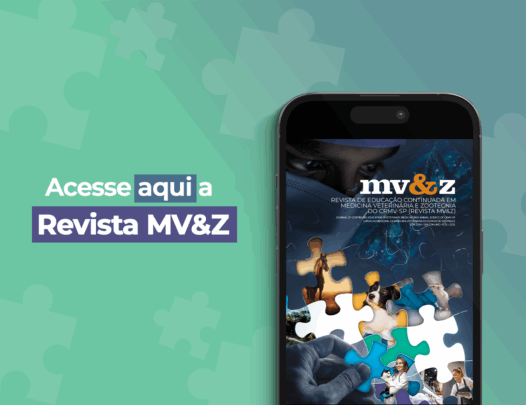Imagem com fundo em tons de verde com peças de quebra-cabeça. Na parte de cima o texto: "Acesse aqui a Revista MV&Z". Abaixo do texto a imagem de um celular com a capa da revista.