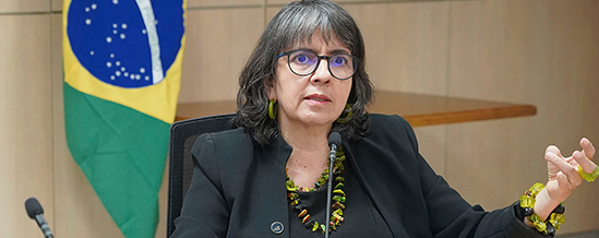 Uma mulher, falando ao microfone, de óculos, de blazer preto, colar, pulseira e brincos de pedras verdes, ao fundo uma bandeira do Brasil.