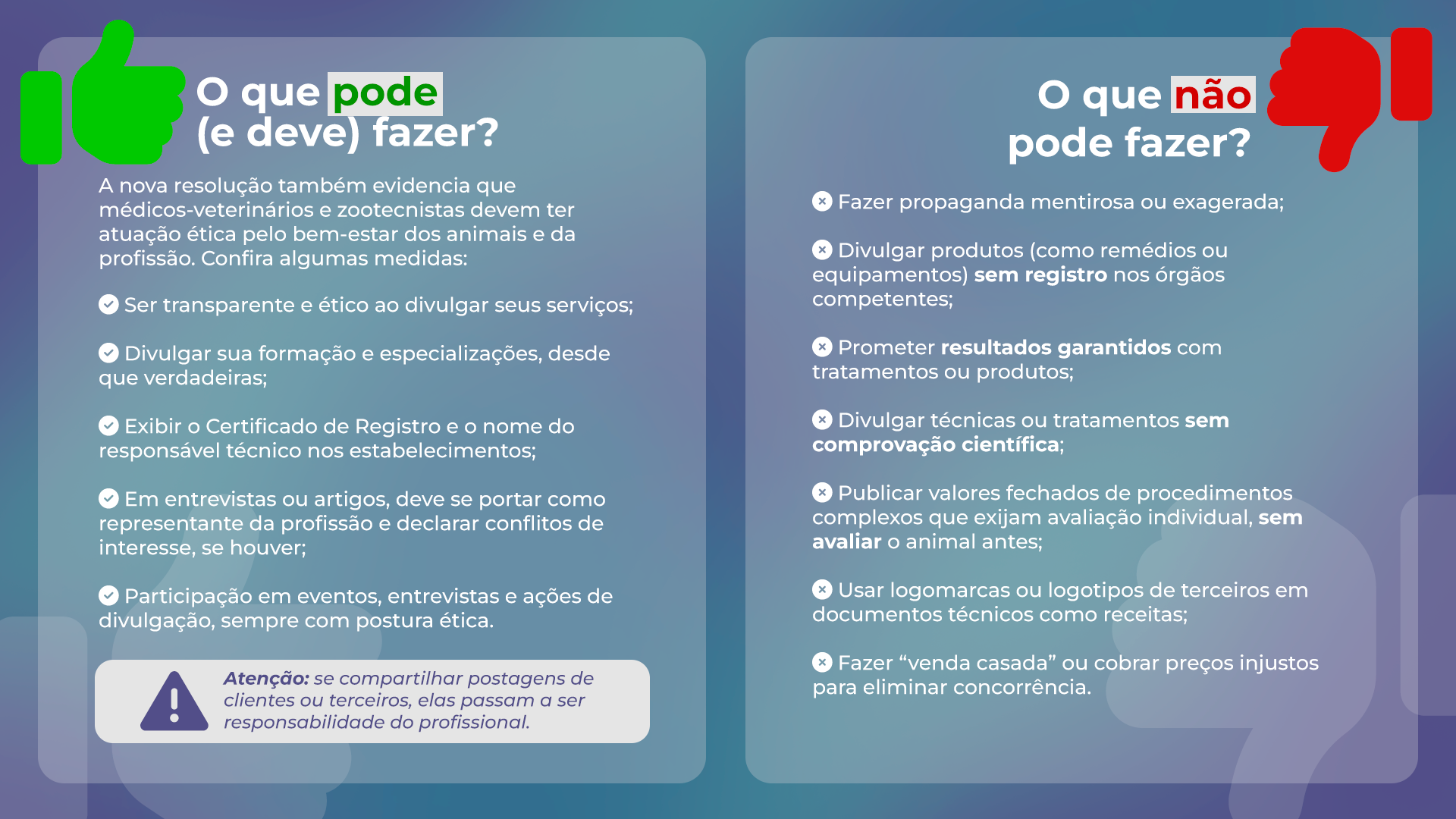 O que pode (e deve) fazer? A nova resolução também evidencia que médicos-veterinários e zootecnistas devem ter atuação ética pelo bem-estar dos animais e da profissão. Confira algumas medidas: • Ser transparente e ético ao divulgar seus serviços; • Divulgar sua formação e especializações, desde que verdadeiras; • Exibir o Certificado de Registro e o nome do responsável técnico (RT) nos estabelecimentos; • Em entrevistas ou artigos, deve se portar como representante da profissão e declarar conflitos de interesse, se houver; • Participação em eventos, entrevistas e ações de divulgação, sempre com postura ética. ATENÇÃO: Se compartilhar postagens de clientes ou terceiros, elas passam a ser responsabilidade do profissional. O que não pode fazer? • Fazer propaganda mentirosa ou exagerada; • Divulgar produtos (como remédios e equipamentos) sem registro regular nos órgãos competentes; • Prometer resultados garantidos com tratamentos ou produtos; • Divulgar técnicas ou tratamentos sem comprovação científica; • Publicar valores fechados de procedimentos complexos que exijam avaliação individual, sem avaliar o animal antes; • Usar logomarcas ou logotipos de terceiros em documentos técnicos, como receitas; • Fazer “venda casada” ou cobrar preços injustos para eliminar concorrência.