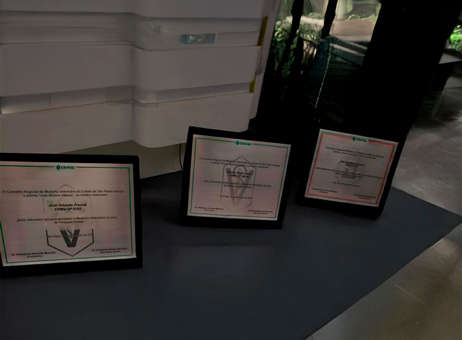 Quatro placas prateadas de homenagem com os nomes dos homenageados em letras pretas, cada uma exposta dentro de uma caixa preta de veludo, em cima de uma mesa preta de escritório.